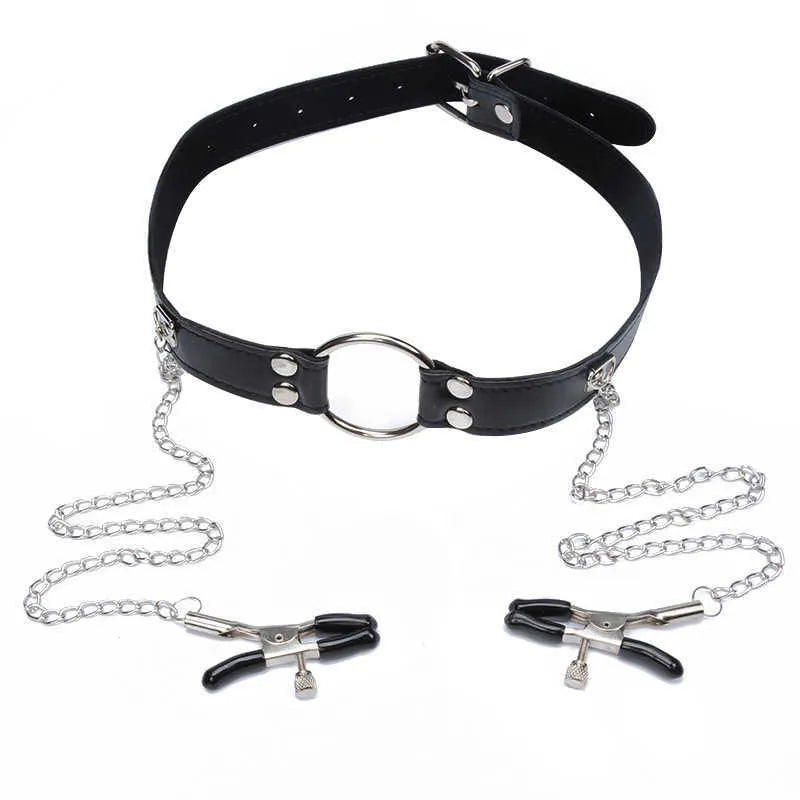 Massage Items PU Leather Sexy Mouth Gag Ball Oral with Chain Clip Breast Nipple Clamps Fetish BDSM Bondage Sexy Toys for Couples Games