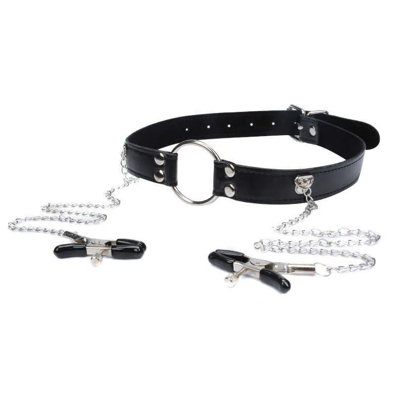 Massage Items PU Leather Sexy Mouth Gag Ball Oral with Chain Clip Breast Nipple Clamps Fetish BDSM Bondage Sexy Toys for Couples Games