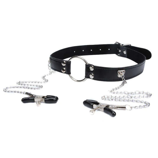 Massage Items PU Leather Sexy Mouth Gag Ball Oral with Chain Clip Breast Nipple Clamps Fetish BDSM Bondage Sexy Toys for Couples Games